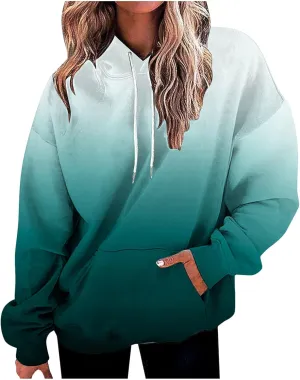 ZDRZK Hoodies For Women Gradient Print Casual Crewneck Long Sleeve Sweatshirts Hooded Loose Fit Oversized Pullover