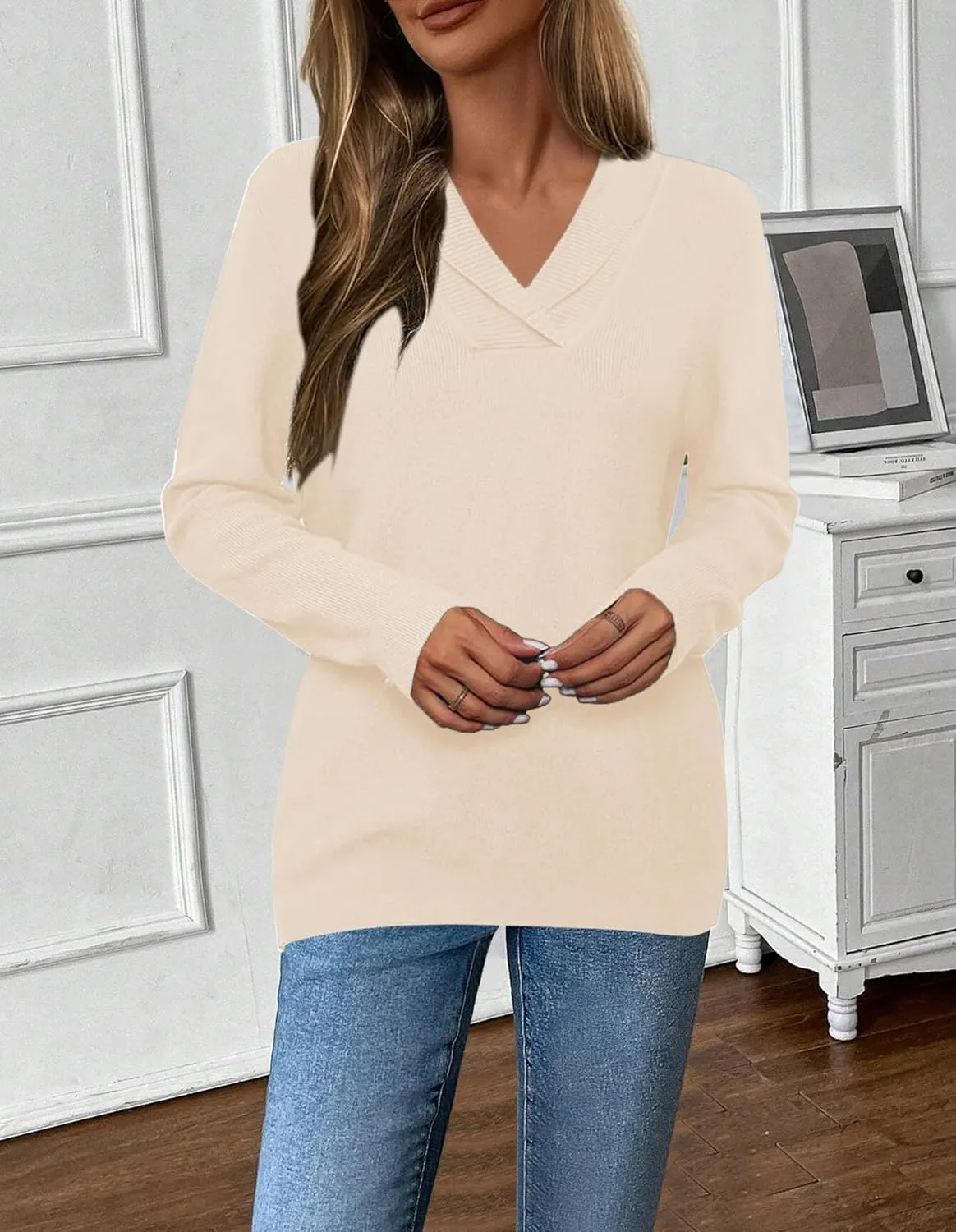 Zeagoo Sweaters for Women Fashion 2024 Fall Long Sleeve Shirts V Neck Collared Knit Pullover Tops Outfits