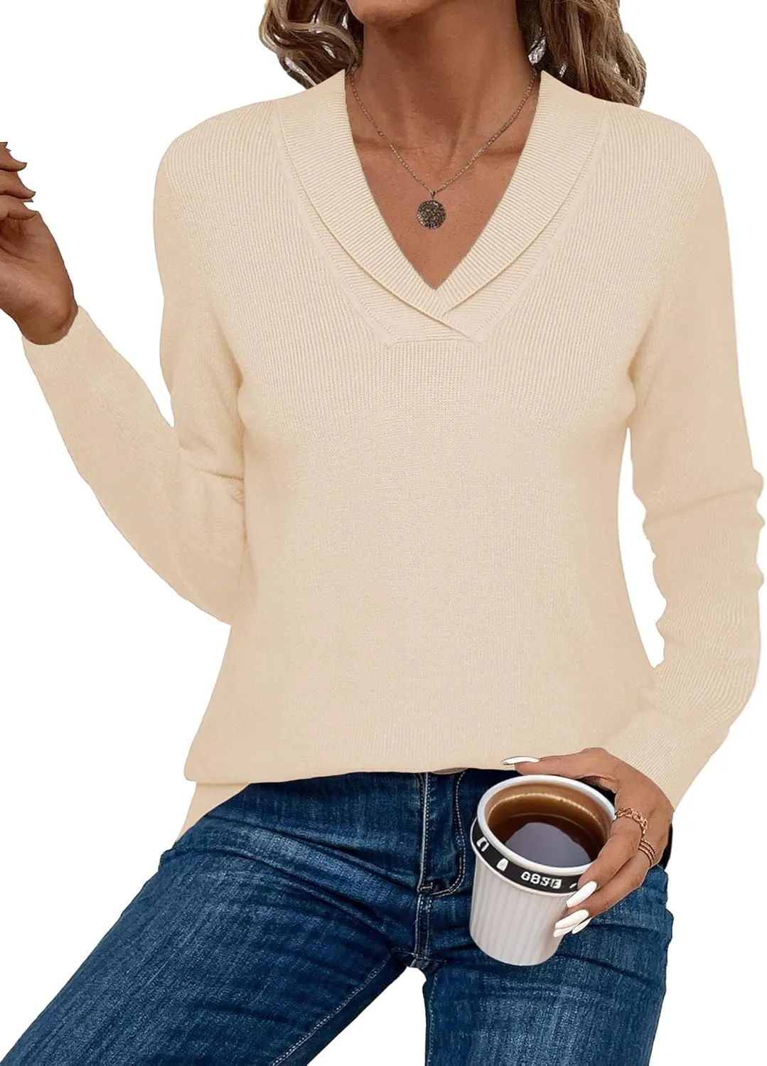 Zeagoo Sweaters for Women Fashion 2024 Fall Long Sleeve Shirts V Neck Collared Knit Pullover Tops Outfits