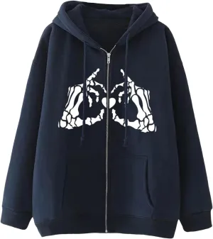 Zip Up Hoodie for Women Oversized Skeleton Graphic Pockets Drawstring Y2K Hooded Sweatshirts Cpmfort Travel Zipper Hoodie