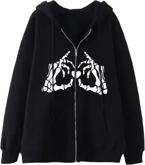 Zip Up Hoodie for Women Oversized Skeleton Graphic Pockets Drawstring Y2K Hooded Sweatshirts Cpmfort Travel Zipper Hoodie