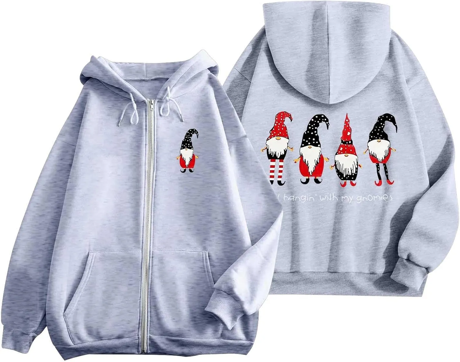 Zip Up Hoodie Women Oversized Christmas Santa Long Sleeve Crewneck Jacket Drawstring Hoodies with Pockets