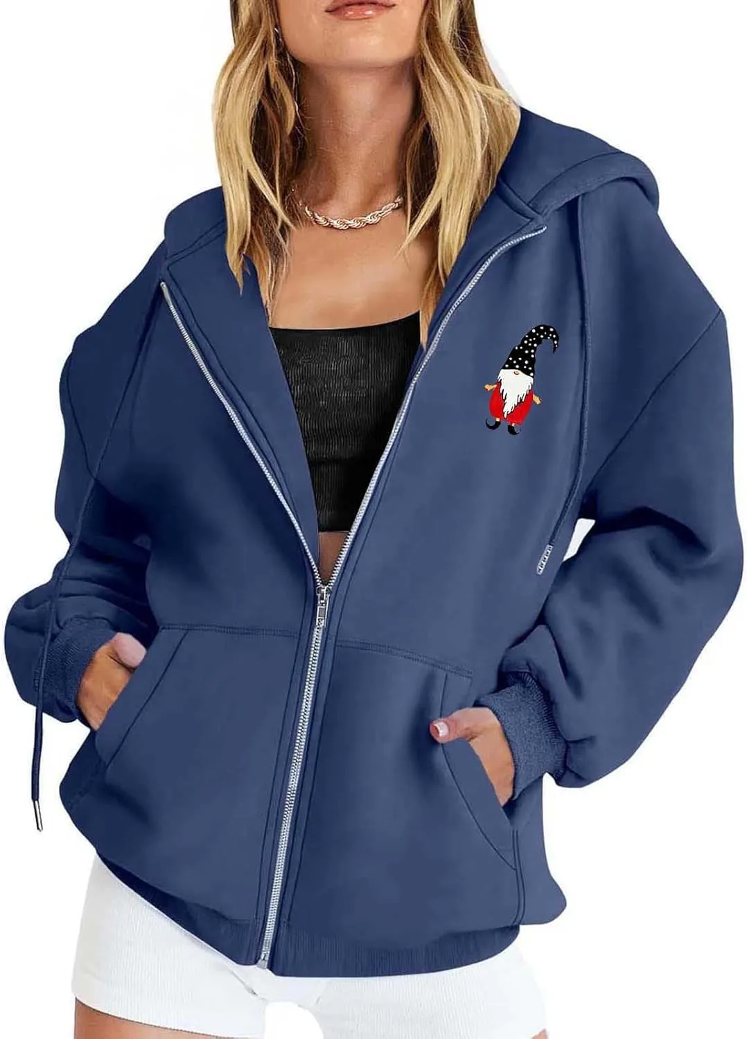 Zip Up Hoodie Women Oversized Christmas Santa Long Sleeve Crewneck Jacket Drawstring Hoodies with Pockets
