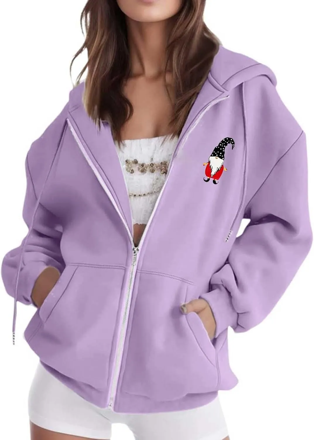 Zip Up Hoodie Women Oversized Christmas Santa Long Sleeve Crewneck Jacket Drawstring Hoodies with Pockets