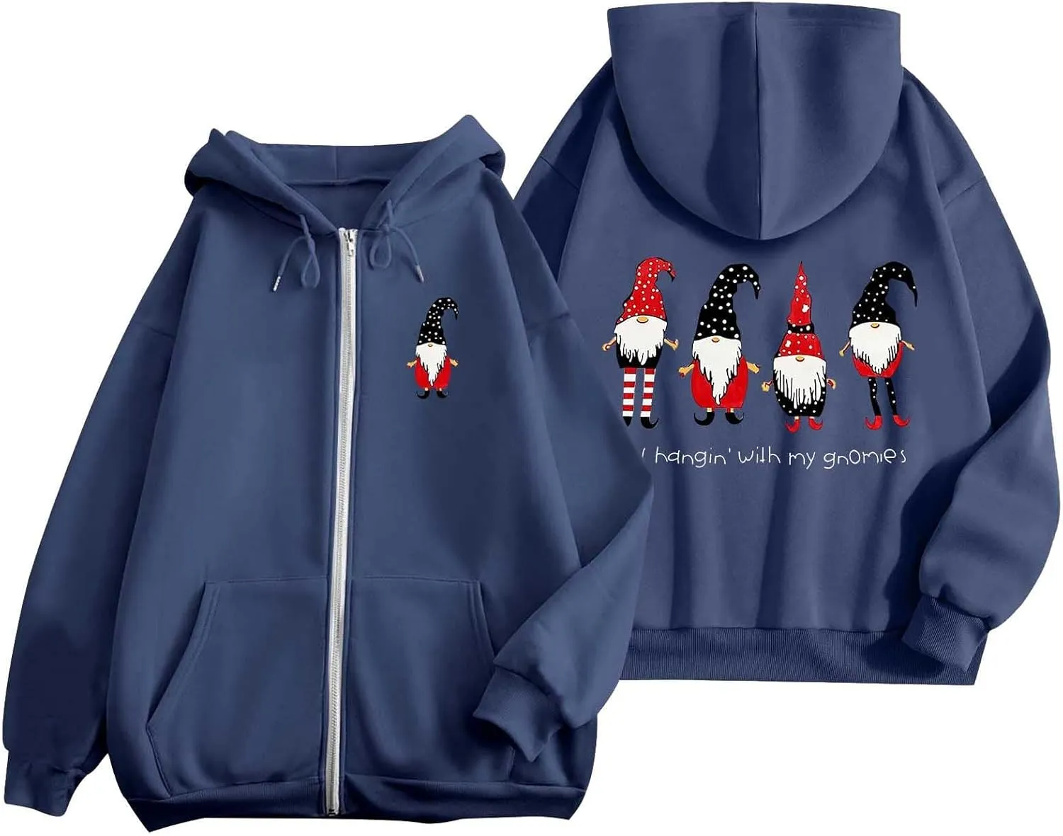 Zip Up Hoodie Women Oversized Christmas Santa Long Sleeve Crewneck Jacket Drawstring Hoodies with Pockets
