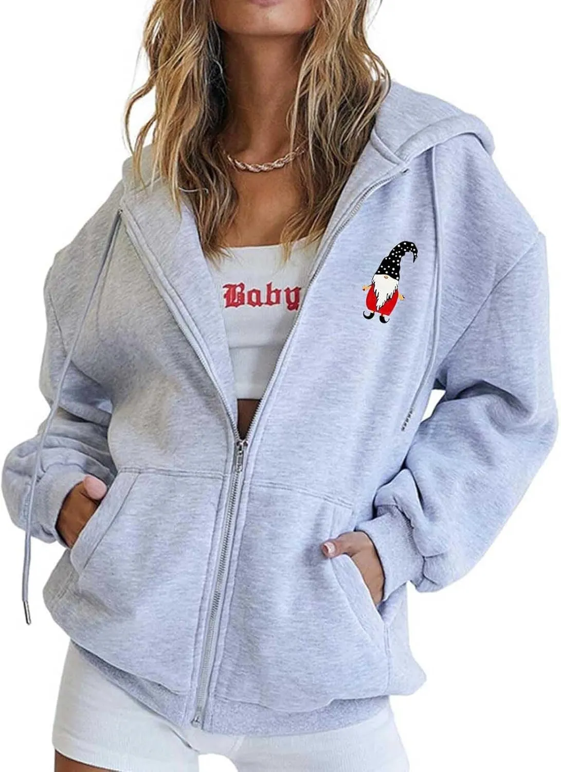 Zip Up Hoodie Women Oversized Christmas Santa Long Sleeve Crewneck Jacket Drawstring Hoodies with Pockets