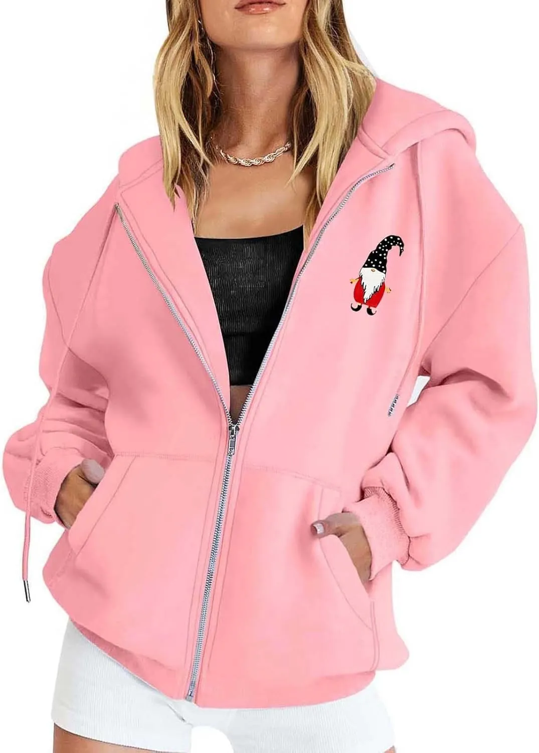 Zip Up Hoodie Women Oversized Christmas Santa Long Sleeve Crewneck Jacket Drawstring Hoodies with Pockets