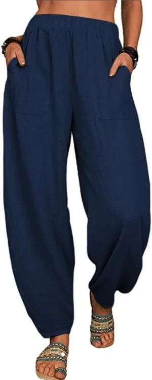 ZOCAVIA Women's Cotton Linen Harem Pants Casual Loose Fit Elastic High Waist Pants Lightweight Baggy Linen Wide Leg Trousers