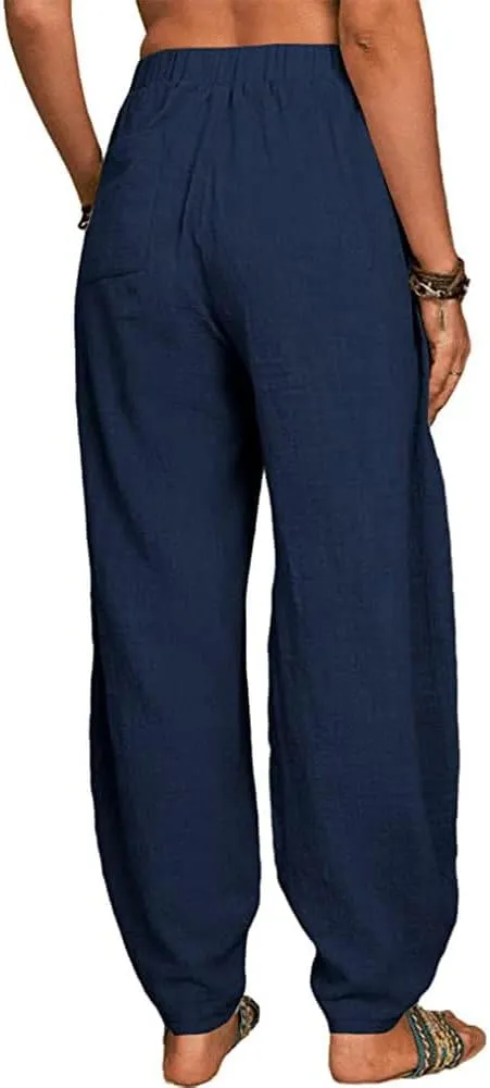 ZOCAVIA Women's Cotton Linen Harem Pants Casual Loose Fit Elastic High Waist Pants Lightweight Baggy Linen Wide Leg Trousers