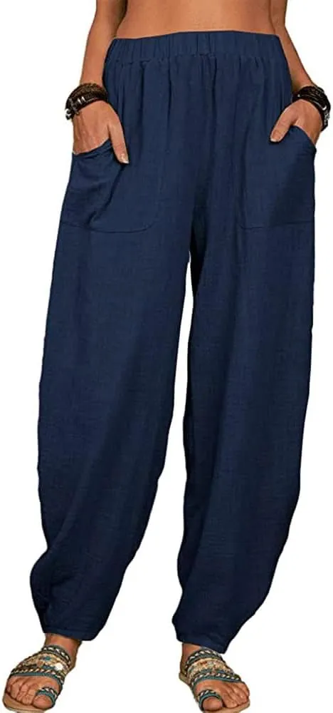 ZOCAVIA Women's Cotton Linen Harem Pants Casual Loose Fit Elastic High Waist Pants Lightweight Baggy Linen Wide Leg Trousers