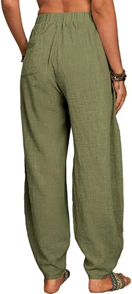ZOCAVIA Women's Cotton Linen Harem Pants Casual Loose Fit Elastic High Waist Pants Lightweight Baggy Linen Wide Leg Trousers