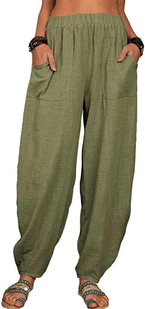 ZOCAVIA Women's Cotton Linen Harem Pants Casual Loose Fit Elastic High Waist Pants Lightweight Baggy Linen Wide Leg Trousers