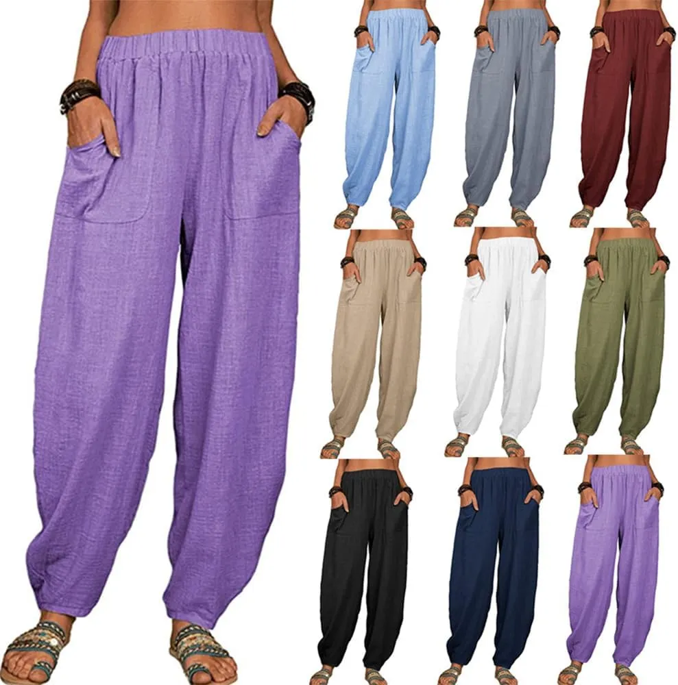 ZOCAVIA Women's Cotton Linen Harem Pants Casual Loose Fit Elastic High Waist Pants Lightweight Baggy Linen Wide Leg Trousers