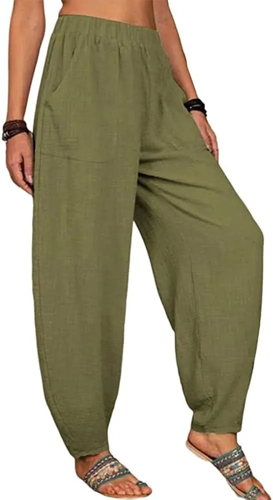 ZOCAVIA Women's Cotton Linen Harem Pants Casual Loose Fit Elastic High Waist Pants Lightweight Baggy Linen Wide Leg Trousers