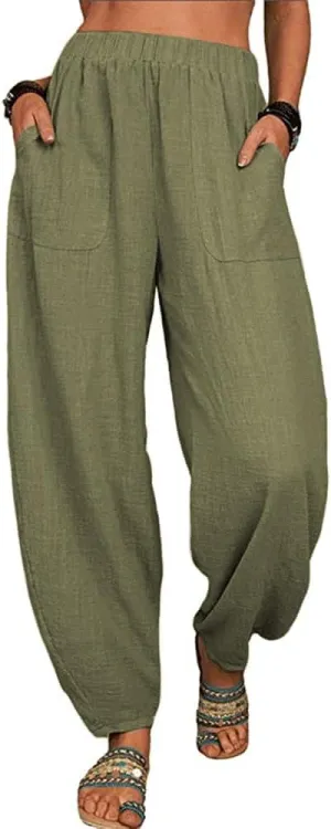 ZOCAVIA Women's Cotton Linen Harem Pants Casual Loose Fit Elastic High Waist Pants Lightweight Baggy Linen Wide Leg Trousers
